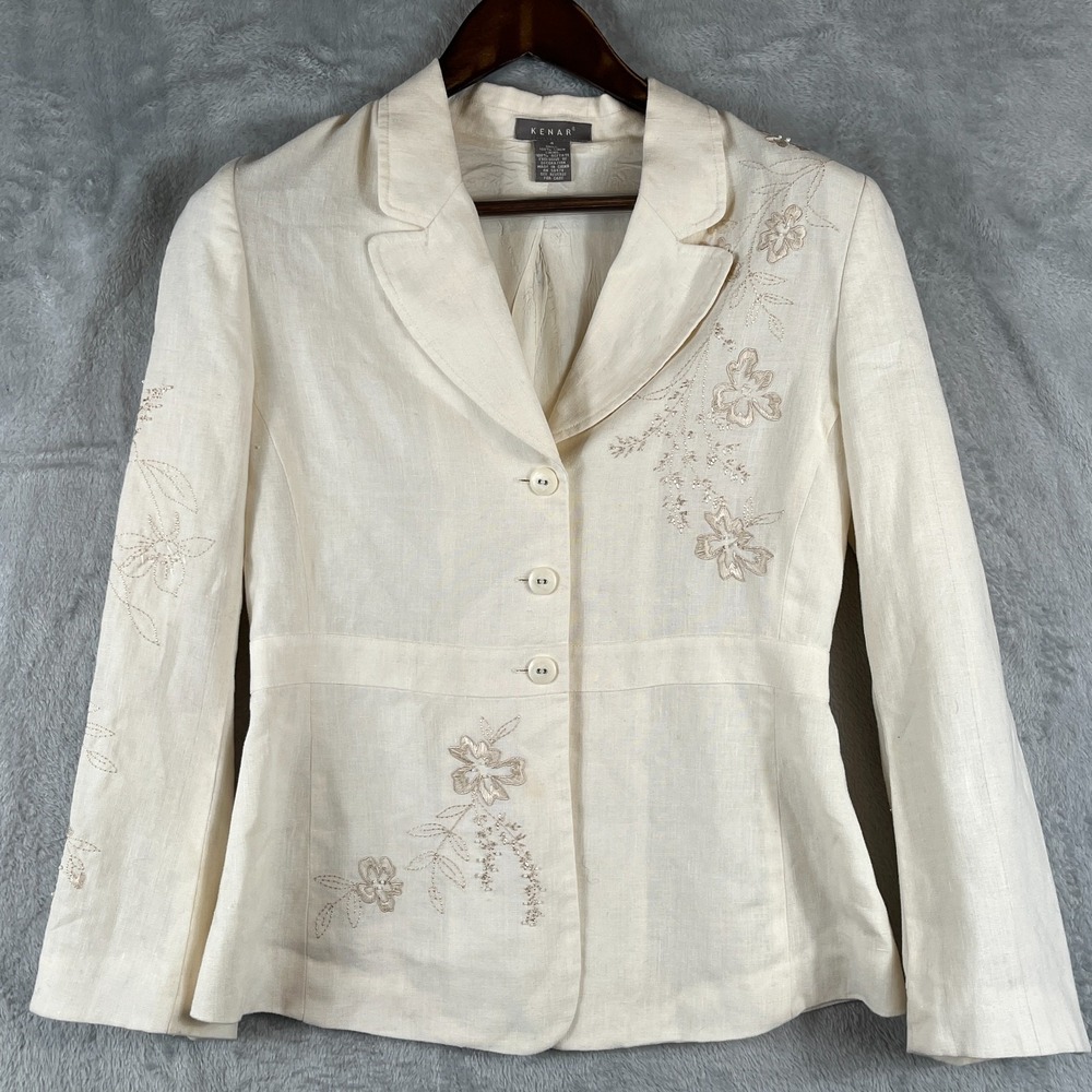 Kenar Womens 4 Linen Embroidered Beaded Floral Blazer Cream Boho Cottagecore